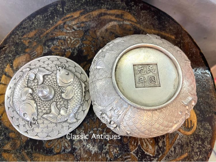 โถฝา กะไหล่เงิน ลายปลามงคล สะสมA16 รูปที่ 10