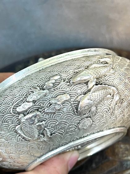 โถฝา กะไหล่เงิน ลายปลามงคล สะสมA16 รูปที่ 7