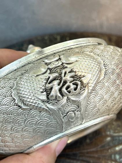 โถฝา กะไหล่เงิน ลายปลามงคล สะสมA16 รูปที่ 5