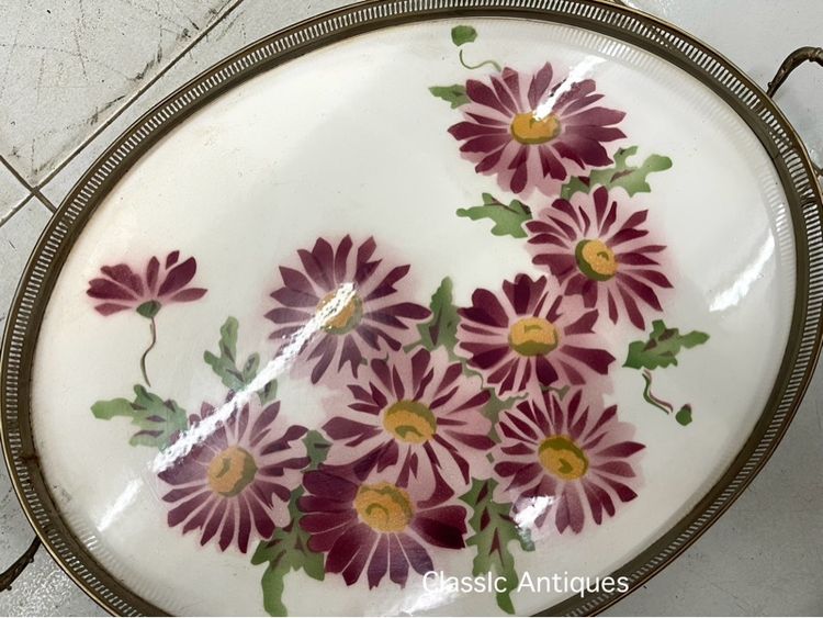 ถาด กระเบื้อง วงรีลายดอกไม้ ใบใหญ่สะสม รูปที่ 3