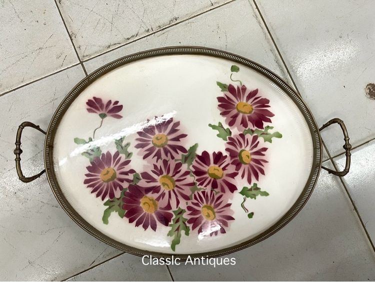 ถาด กระเบื้อง วงรีลายดอกไม้ ใบใหญ่สะสม รูปที่ 2