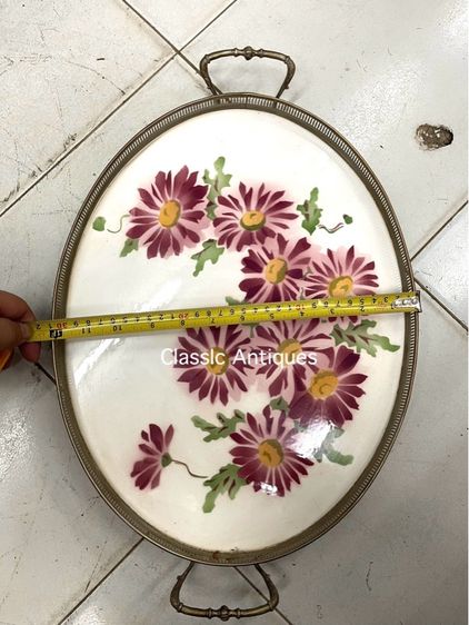 ถาด กระเบื้อง วงรีลายดอกไม้ ใบใหญ่สะสม รูปที่ 6