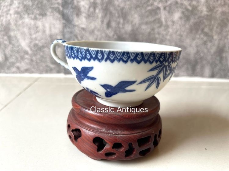 ถ้วยน้ำชา ลายคราม ลายไผ่ นกเก่าสะสม รูปที่ 3