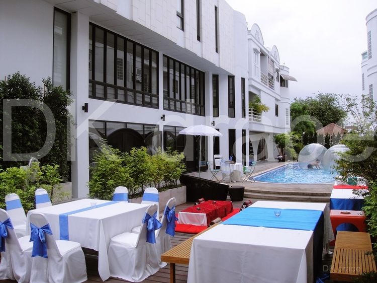 เช่าโต๊ะอาหาร ชุดโต๊ะจัดเลี้ยง เช่าผ้าคลุมเก้าอี้ เช่าผ้าคลุมโต๊ะ เช่าโบว์ผูกเก้าอี้ ผ้าท็อปหลากหลายสี รูปที่ 3