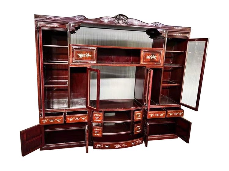 ชุดตู้ชั้นวางทีวี ชั้นวางทีวีไม้ประดู่ แกะลายฝังมุกสวยงามปราณีต มีช่องเก็บของแบบประตู้บานเปิด บานเลื่อน มีลิ้นชักเก็บของ ดีไซน์สวย รูปที่ 15