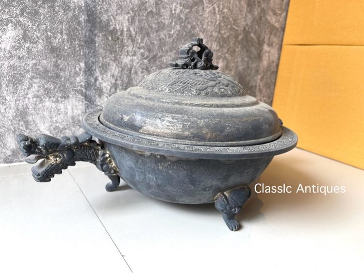 หม้อ หัวมังกร ขาสิงห์กะไหล่เงิน โบราณเก่าสะสม รูปที่ 2