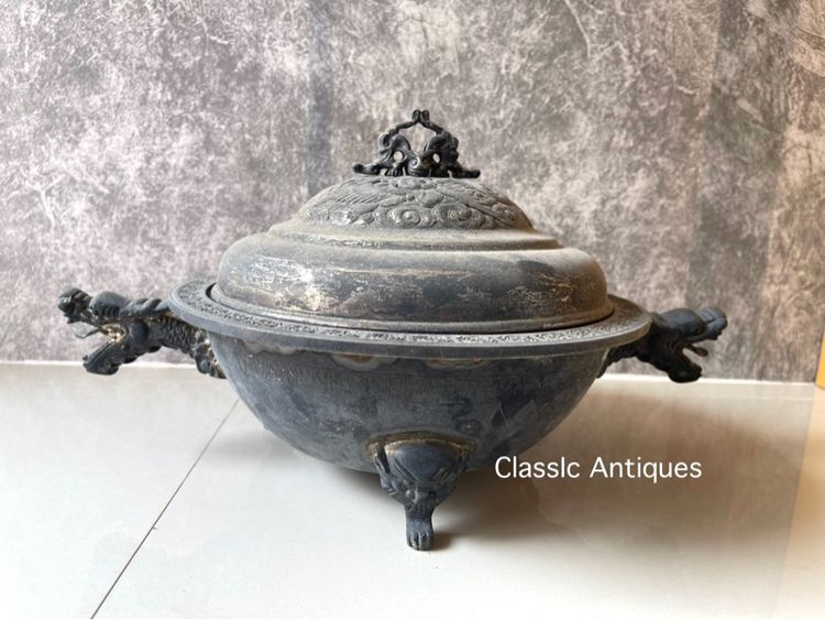 หม้อ หัวมังกร ขาสิงห์กะไหล่เงิน โบราณเก่าสะสม