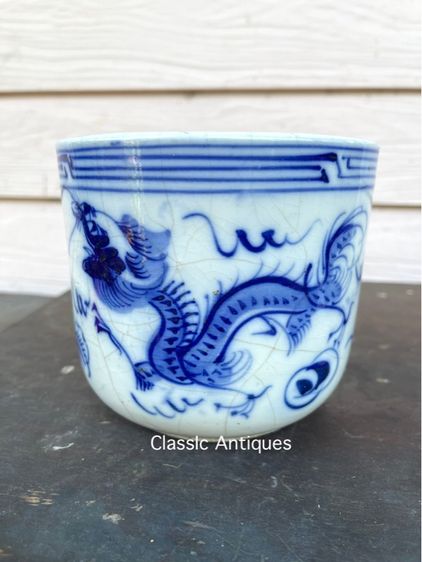 กระถาง กังไส ลายคราม ลายมังกรคู่ คาบแก้วโบราณ เก่าสะสม รูปที่ 6