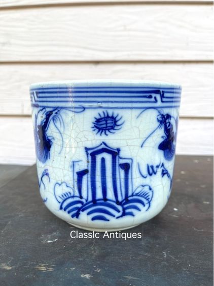 กระถาง กังไส ลายคราม ลายมังกรคู่ คาบแก้วโบราณ เก่าสะสม รูปที่ 2