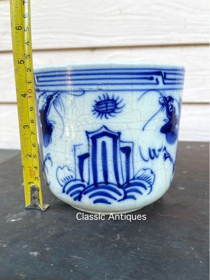 กระถาง กังไส ลายคราม ลายมังกรคู่ คาบแก้วโบราณ เก่าสะสม รูปที่ 10