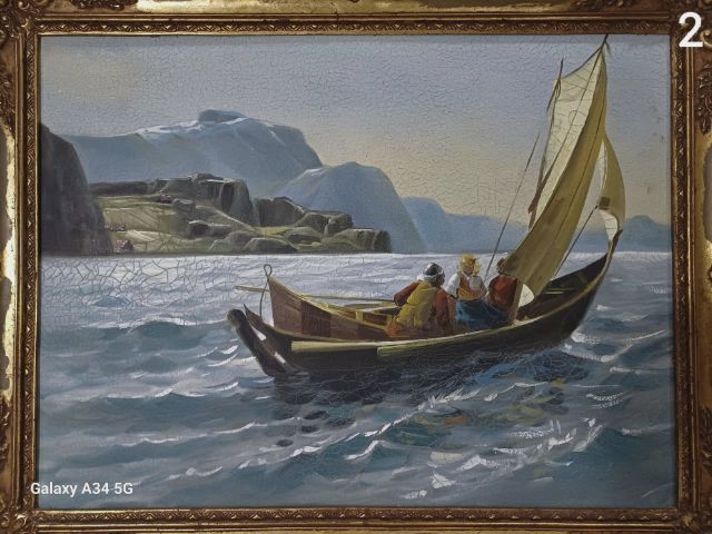 🖼 ภาพวาดสีน้ำมันบนผืนผ้าใบ ภาพวาดของจริง ชื่อภาพ"ไปตกปลา" ขนาด 44.1×59.3cm ไม่ทราบชื่อผู้วาด เป็นของเก่าสะสม สภาพดีมาก ไม่มีตำหนิใดๆ รูปที่ 2