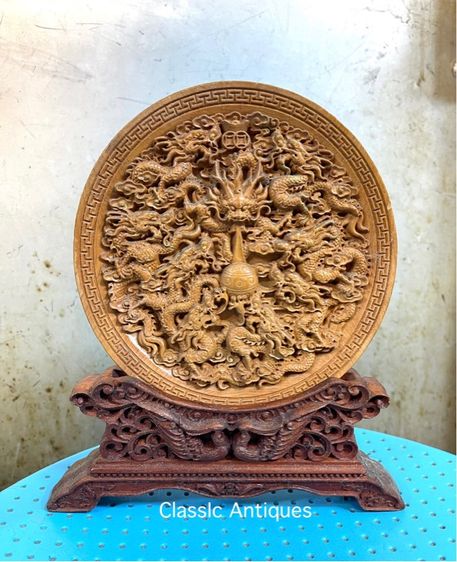 เก้ามังกร ไม้แกะสลัก พร้อมขาตั้งสะสมA3