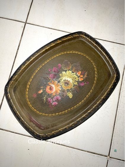 ถาดหลุยส์ เขียนสีลายดอกไม้โบราณ สะสม