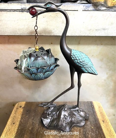 กระถางกำยาน นกกระเรียน ทองเหลืองสะสม A81