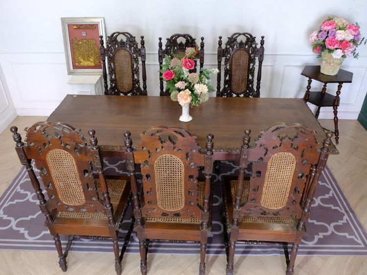 อื่นๆ น้ำตาล ชุดโต๊ะไม้อาหาร พร้อมเก้าอี้ 6ตัว เบาะตาข่าย งานยุโรปมาจากเยอรมนี