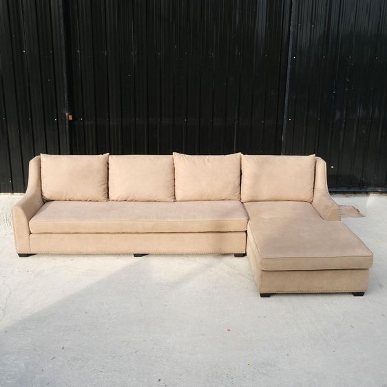 เนื้อ โซฟาผ้าลายหนัง เข้ามุม L-Shape โซฟา 4 ที่นั่ง King Size ตอกหมุดรอบตัว 