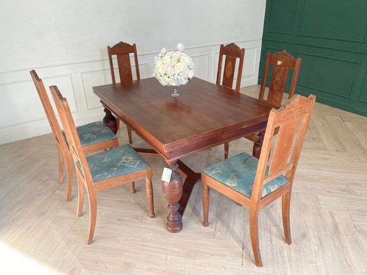 ชุดโต๊ะแบบปรับขยายได้ พร้อมเก้าอี้ 6 ตัว เบาะผ้า สีฟ้า งานยุโรปมาจากเยอรมนี รูปที่ 5