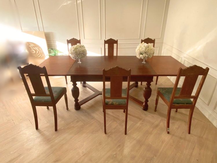 ชุดโต๊ะแบบปรับขยายได้ พร้อมเก้าอี้ 6 ตัว เบาะผ้า สีฟ้า งานยุโรปมาจากเยอรมนี รูปที่ 4