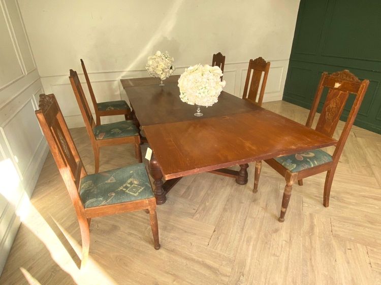 ชุดโต๊ะแบบปรับขยายได้ พร้อมเก้าอี้ 6 ตัว เบาะผ้า สีฟ้า งานยุโรปมาจากเยอรมนี รูปที่ 3