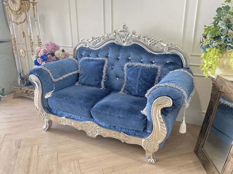 โซฟาหลุยส์ 2 ที่นั่ง เบาะผ้า สีฟ้า สไตล์โมเดิร์น รูปที่ 2