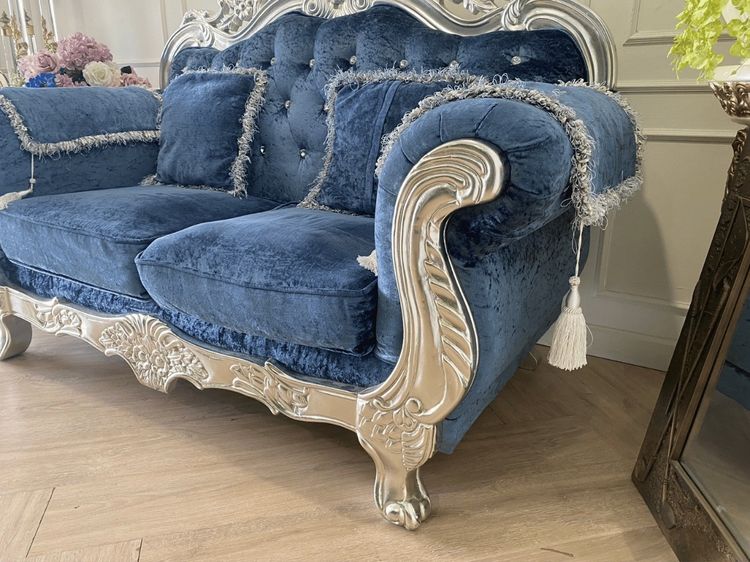 โซฟาหลุยส์ 2 ที่นั่ง เบาะผ้า สีฟ้า สไตล์โมเดิร์น รูปที่ 4