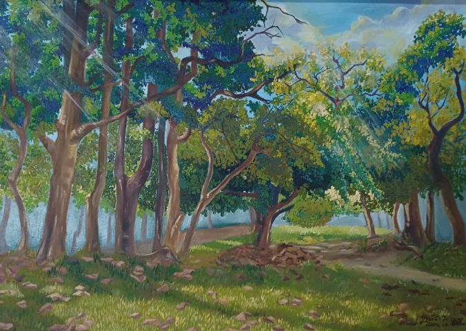 ขายภาพวาดสีน้ำมันบนผืนผ้าใบ(Oil on Canvas) ชื่อภาพ"ศาลาธรรม ม.ช." ขนาด 49.0×69.0cm จิตรกร"เขมจิรา" เป็นภาพวาดของจริง Original มีภาพเดียว รูปที่ 2