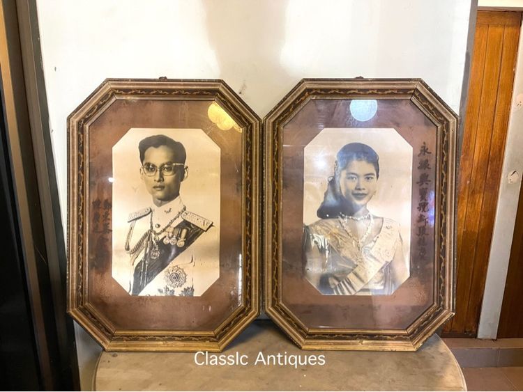 ภาพในหลวง ร.9 พระราชินี กรอบแปดเหลี่ยมโบราณเก่าสะสม