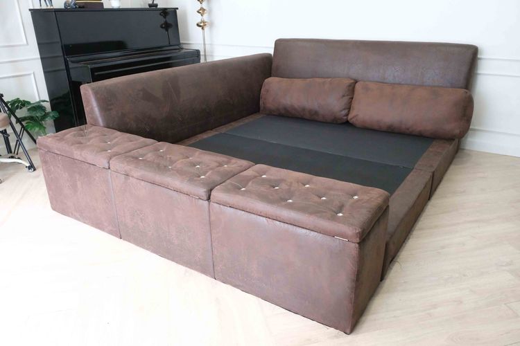 เตียงนอน ผ้าลายหนัง ขนาด6ฟุต 3กล่องเก็บของตรงขาเตียง ฝากล่องดึงกระดุมเพชร พร้อมหมอน 2ใบ รูปที่ 2