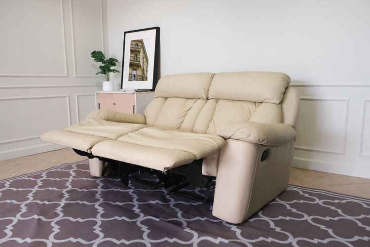 เก้าอี้พักผ่อนหนัง 2 ที่นั่ง สีครีม เก้าอี้ปรับเอนนอน โซฟาพักผ่อน Recliner รูปที่ 5