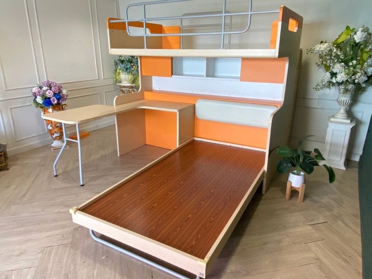 เตียงเด็ก 2 ชั้น ขนาด 3.5 ฟุต มีบันไดเก็บของ สีครีมส้ม ยี่ห้อ SB FURNITURE
