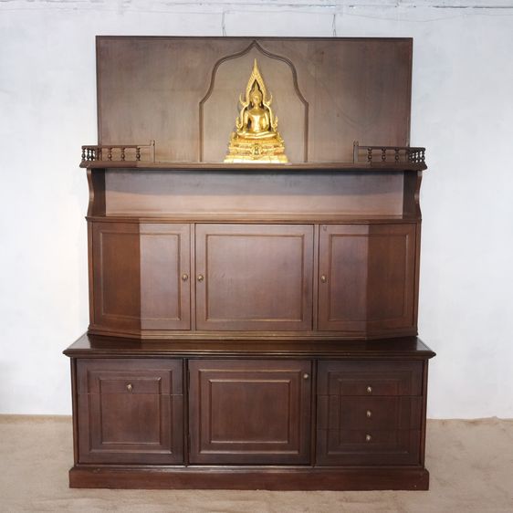 ตู้โชว์ไม้พระ 2 ชั้น ด้านบนท็อปกระจก 5 ประตูบานเปิด 4 ลิ้นชัก ไม้สักผสมไม้อัดสัก