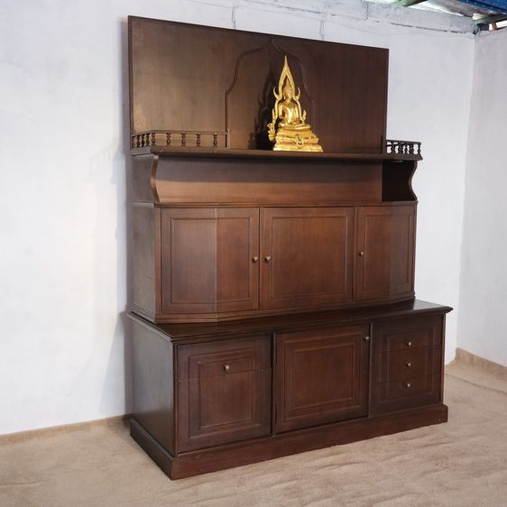 ตู้โชว์ไม้พระ 2 ชั้น ด้านบนท็อปกระจก 5 ประตูบานเปิด 4 ลิ้นชัก ไม้สักผสมไม้อัดสัก รูปที่ 6