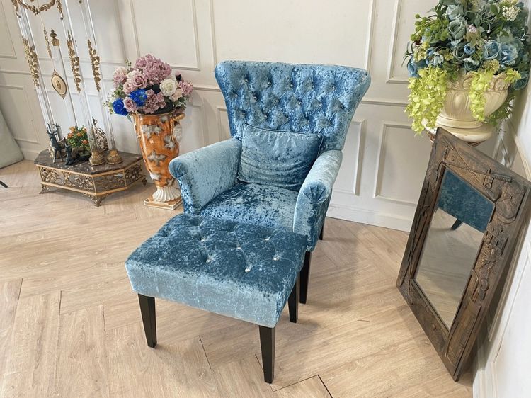 อาร์มแชร์หลุยส์ พร้อมสตูล เบาะผ้า สีฟ้า สไตล์โมเดิร์น