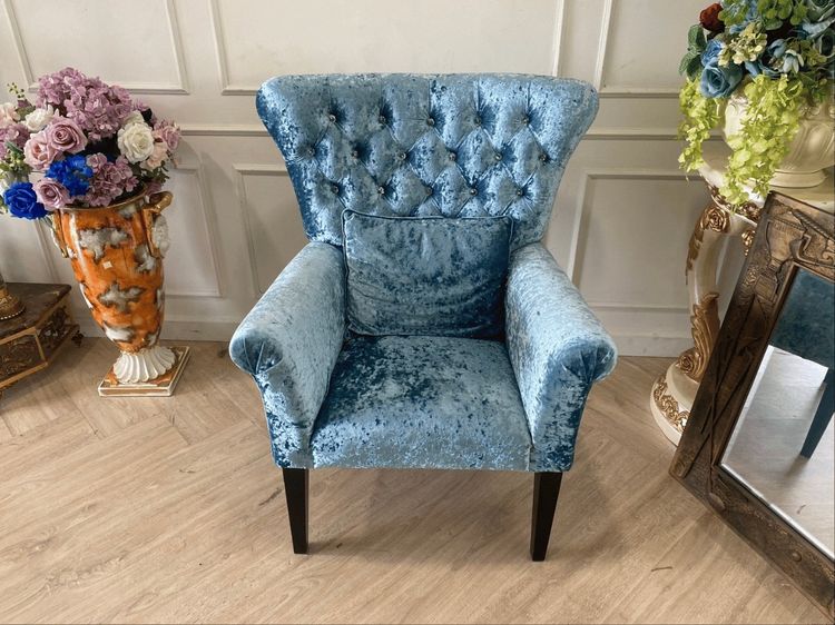 อาร์มแชร์หลุยส์ พร้อมสตูล เบาะผ้า สีฟ้า สไตล์โมเดิร์น รูปที่ 15