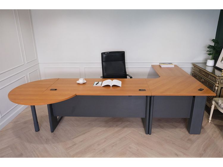 น้ำตาล ชุดโต๊ะทำงานผู้บริหาร 4 ชิ้นต่อกัน เข้ามุม L หน้าไม้ ขาเหล็ก Rockworth