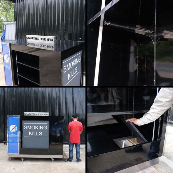 ชั้นวางสินค้า แบบ 4 ด้าน มีม่านรูดเปิด-ปิดได้ มีป้ายสินค้า 2 ฝั่ง โครงไม้ปิดผิวไฮกรอสสีดำ รูปที่ 6