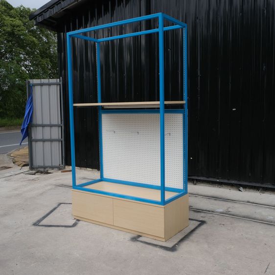 Shelf ชั้นวางสินค้า 3 ชั้น โครงเหล็กสีฟ้า ชั้นล่างแบบราวแขวน มี 2 ลิ้นชักเก็บของ รูปที่ 2