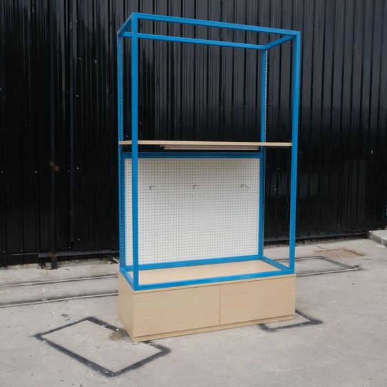 Shelf ชั้นวางสินค้า 3 ชั้น โครงเหล็กสีฟ้า ชั้นล่างแบบราวแขวน มี 2 ลิ้นชักเก็บของ รูปที่ 6