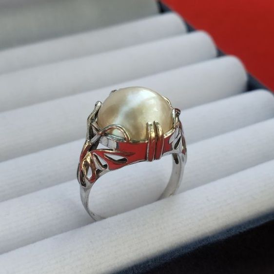 🔖แหวนแพลตตินั่มผสมเงินแท้ มุกแท้มาเบ(Mabe)เม็ดกลมผิวสวย  งานจากญี่ปุ่น รูปที่ 6