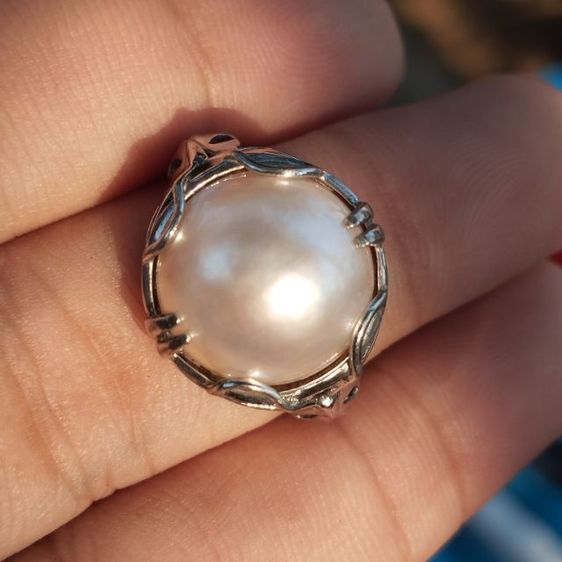 🔖แหวนแพลตตินั่มผสมเงินแท้ มุกแท้มาเบ(Mabe)เม็ดกลมผิวสวย  งานจากญี่ปุ่น รูปที่ 3