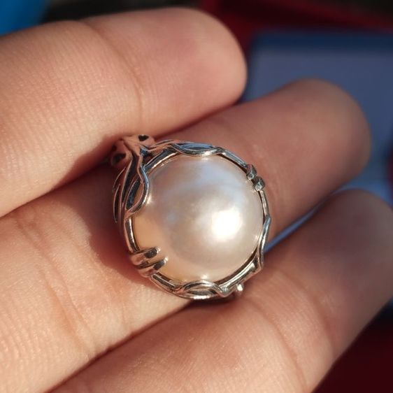 🔖แหวนแพลตตินั่มผสมเงินแท้ มุกแท้มาเบ(Mabe)เม็ดกลมผิวสวย  งานจากญี่ปุ่น รูปที่ 12