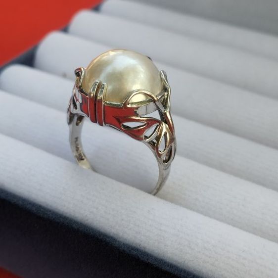 🔖แหวนแพลตตินั่มผสมเงินแท้ มุกแท้มาเบ(Mabe)เม็ดกลมผิวสวย  งานจากญี่ปุ่น รูปที่ 7