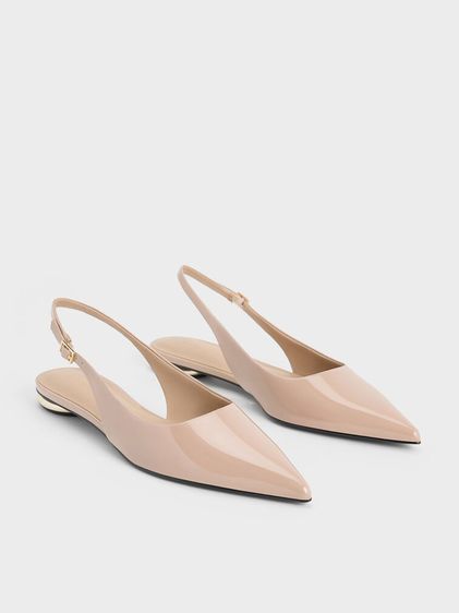 CHARLES AND KEITH รองเท้ารุ่น Patent Pointed-Toe Slingback Flats - สีนู้ด รูปที่ 2