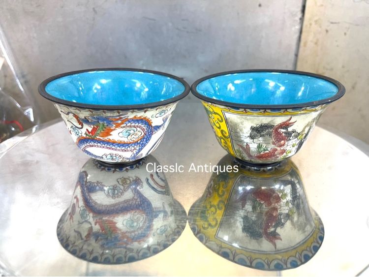 จอกน้ำชา ถ้วยน้ำชาถมปัด หงษ์มังกร ปลาหลีฮื้อ สะสม