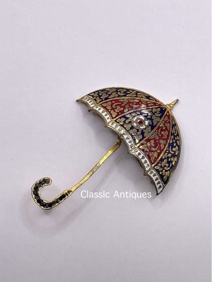 เข็มกลัด ร่ม ทองเหลืองลงยา โบราณเก่าสะสม