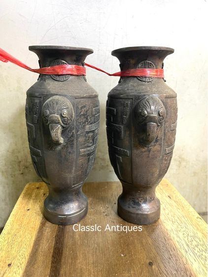 แจกัน หูสิงห์ สลักอักษรจีน ทองเหลืองสะสมA16 รูปที่ 5