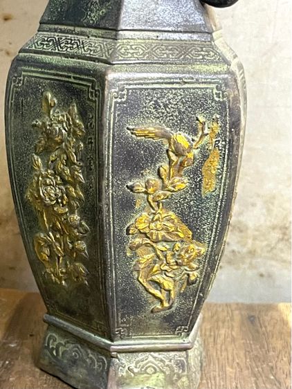 แจกัน หกเหลี่ยม ทองเหลือง ลงเขียวปัดทองสะสมA18 รูปที่ 12