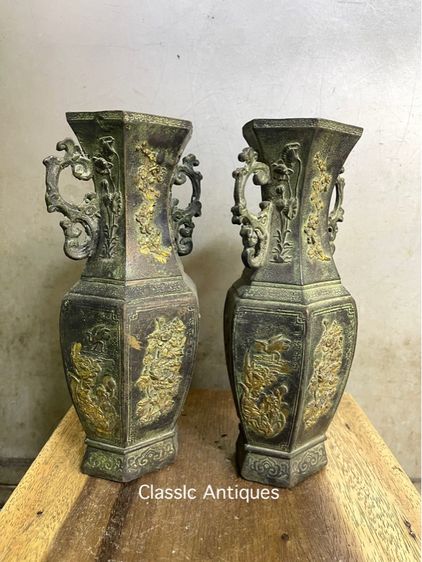 แจกัน หกเหลี่ยม ทองเหลือง ลงเขียวปัดทองสะสมA18 รูปที่ 3