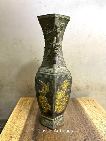 แจกัน หกเหลี่ยม ทองเหลือง ลงเขียวปัดทองสะสมA18 รูปที่ 8