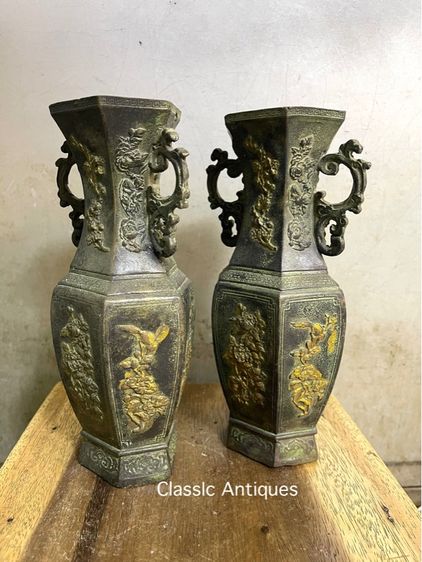 แจกัน หกเหลี่ยม ทองเหลือง ลงเขียวปัดทองสะสมA18 รูปที่ 4